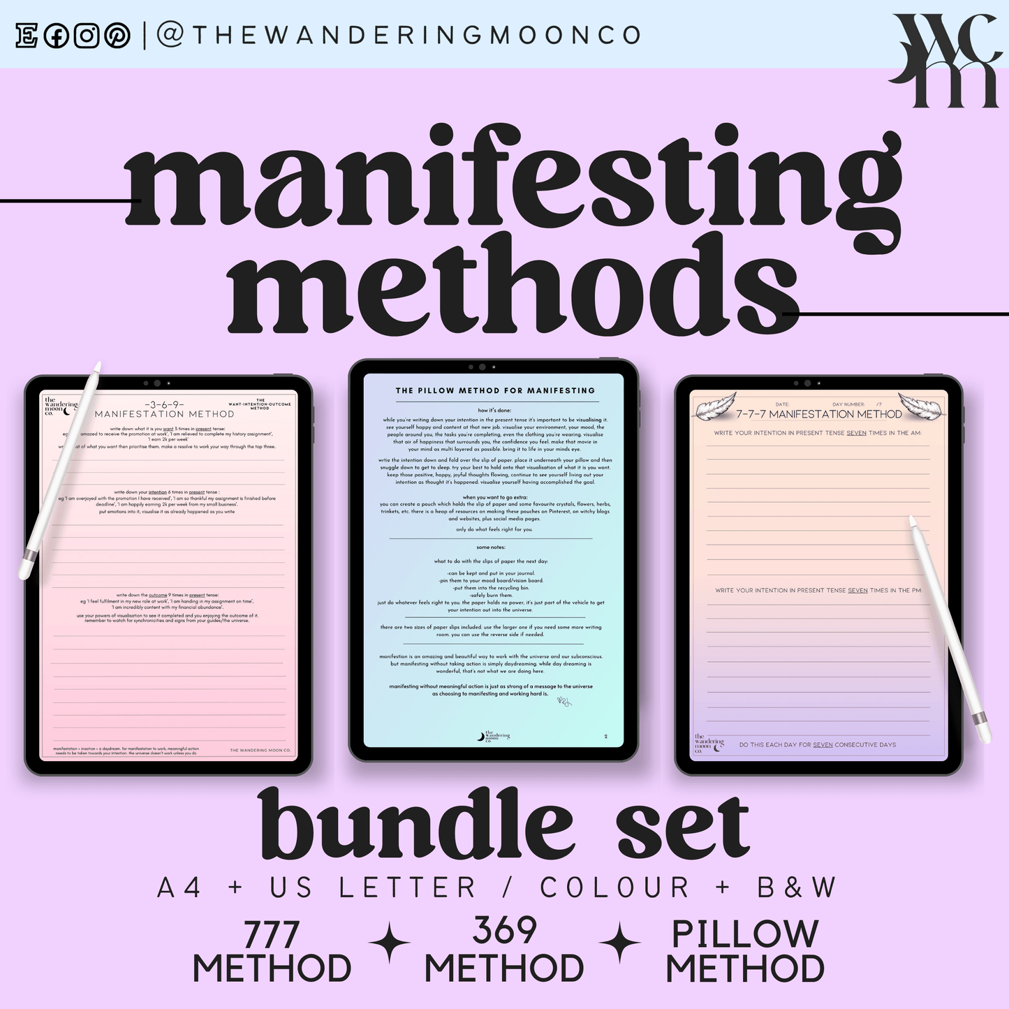 manifesting methods set: 369, 777, pillow method journal - The Wandering Moon Co.