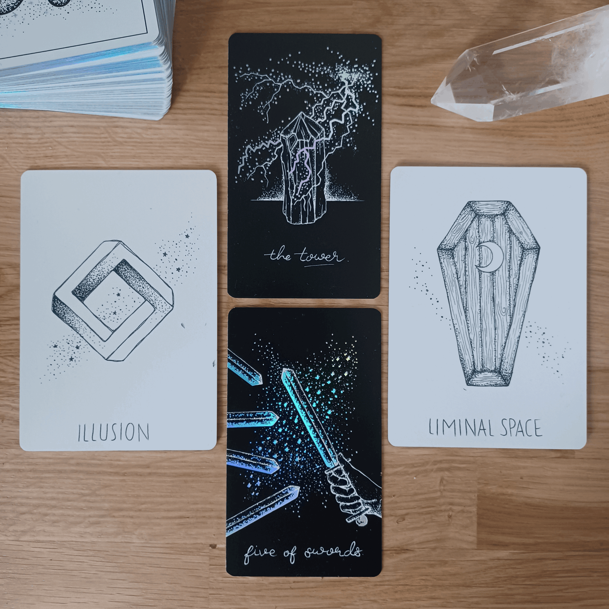 cards from wandering soul oracle & midnight sky in a tarot spread position 