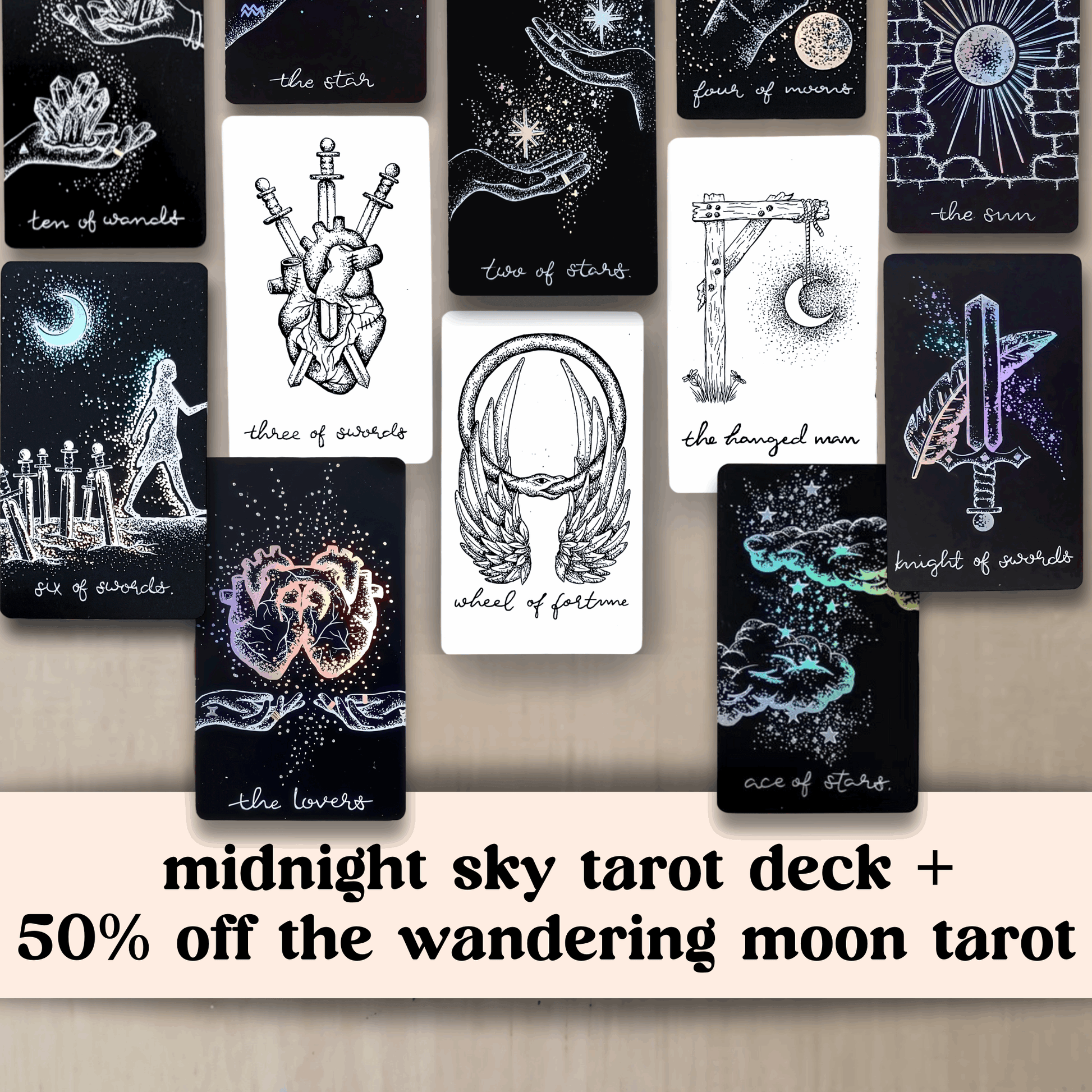 cards from midnight sky and wandering moon tarot in a flatlay 