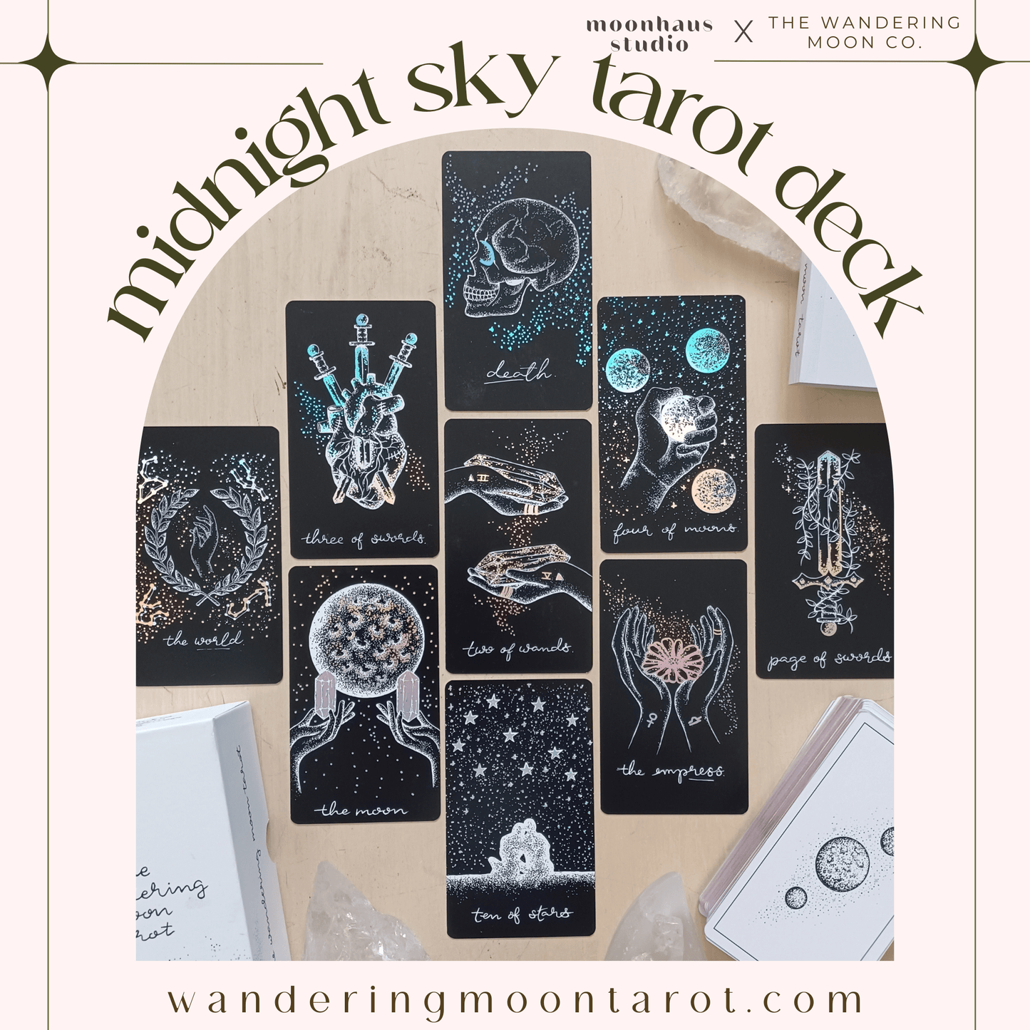 midnight sky tarot deck || holographic tarot card deck | black tarot cards | divination tools | beginner tarot cards guidebook | aesthetic tarot deck - The Wandering Moon Co.