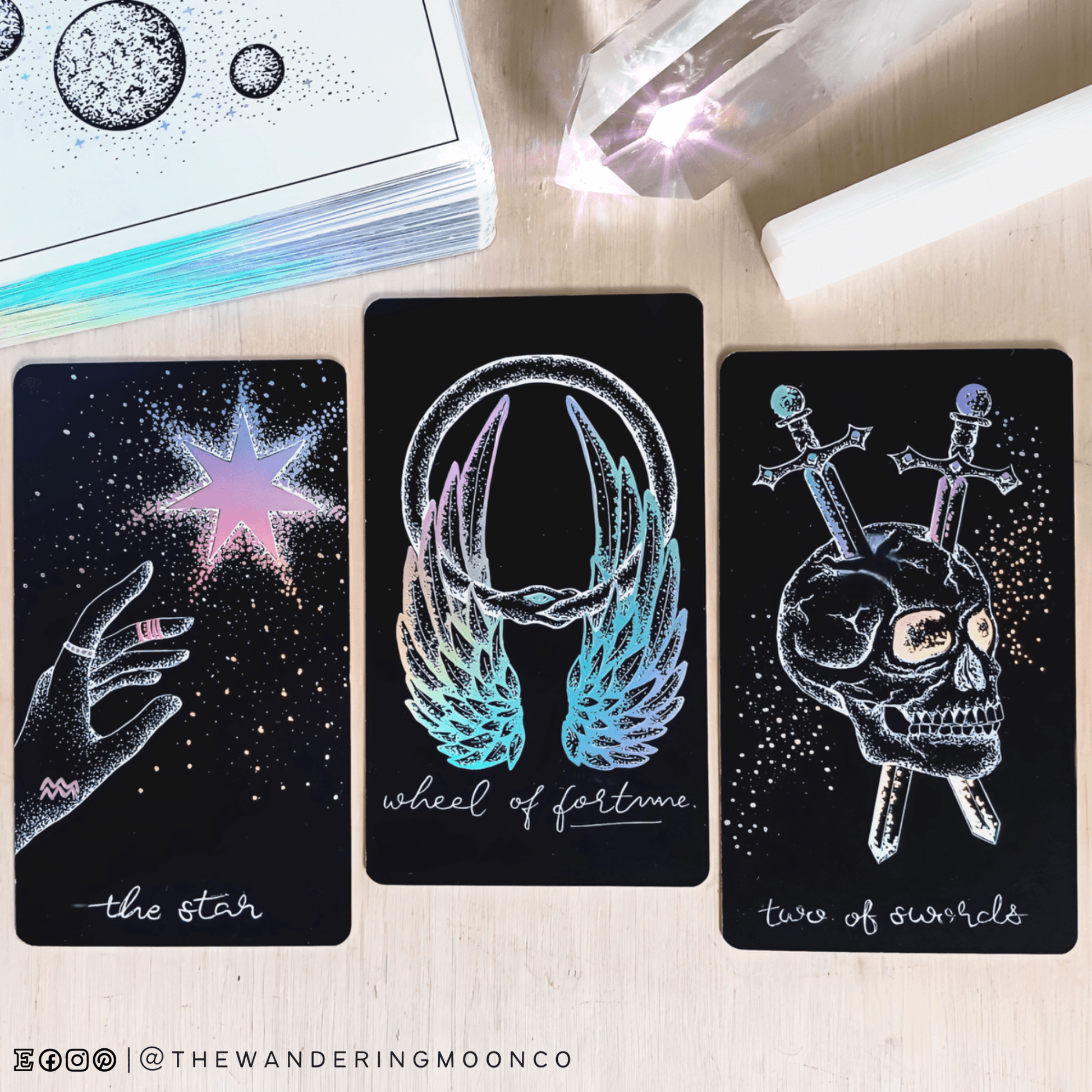 black & white holographic indie tarot cards from  Midnight Sky tarot deck

