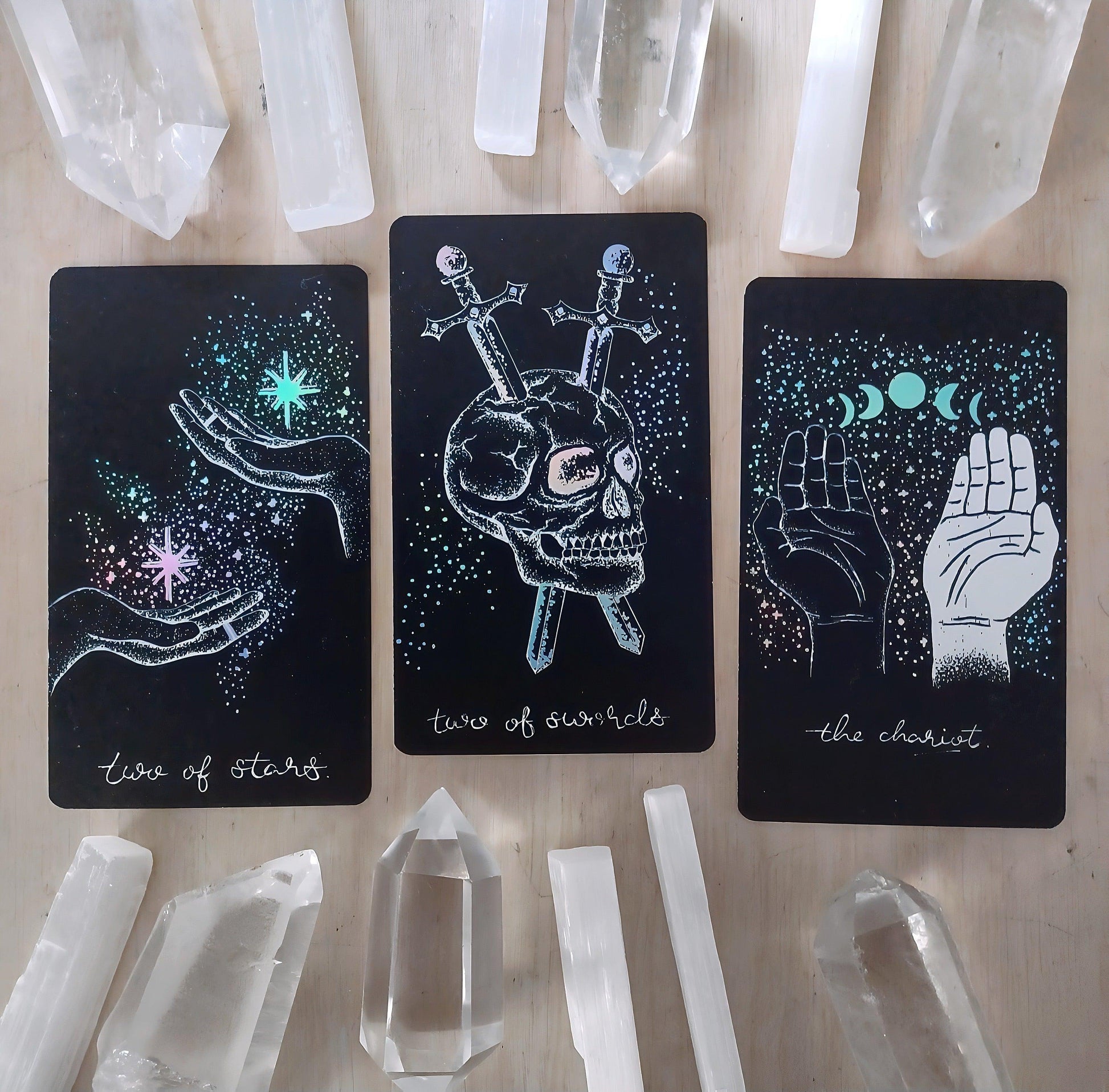 black & holographic tarot cards with crystals, from Midnight Sky indie deck