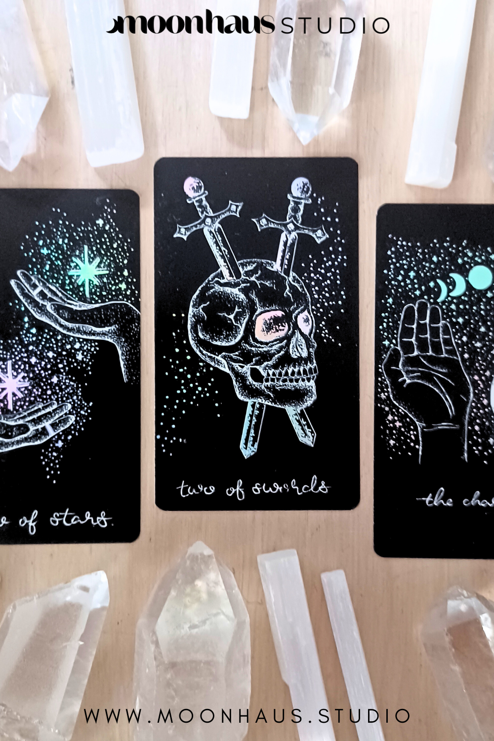 tarot cards, aesthetic: black tarot card art with holographic details & guidebook