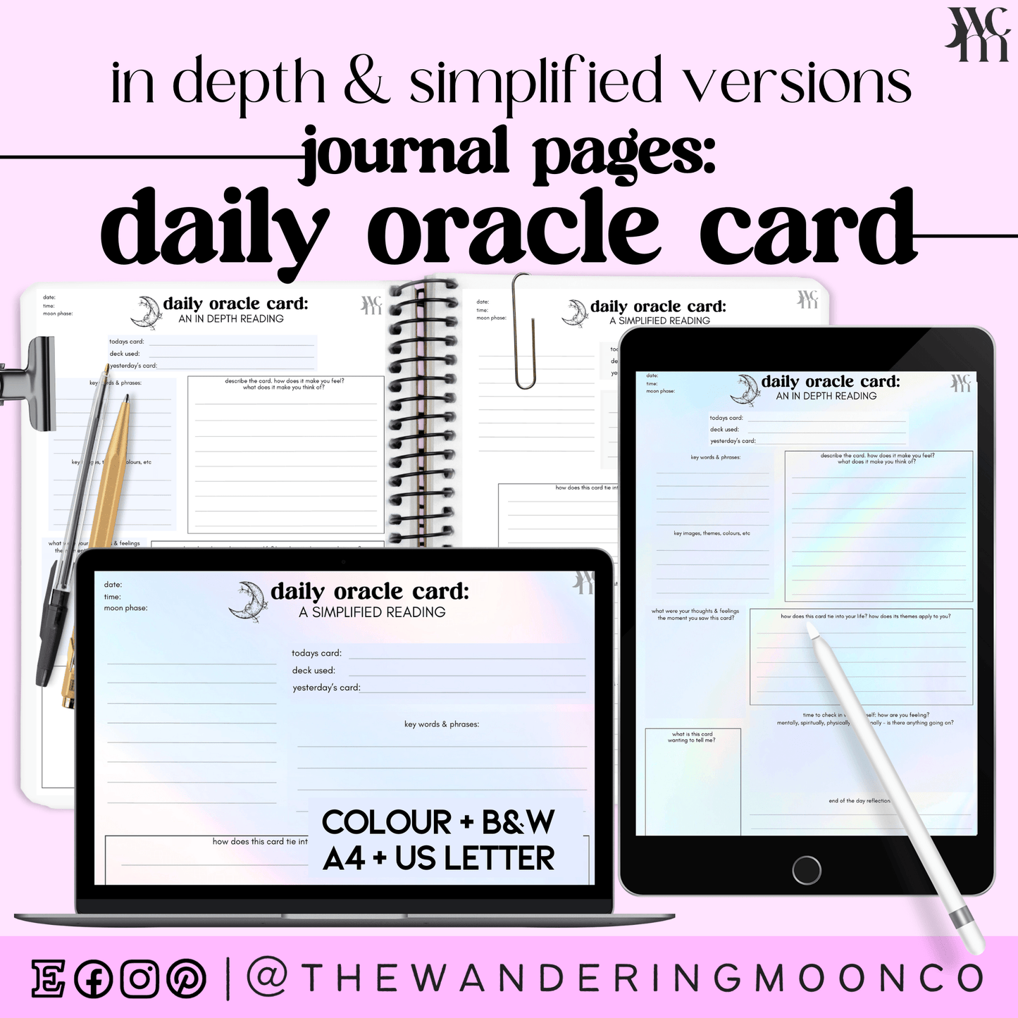 oracle card daily draw journal page: printable set - The Wandering Moon Co.