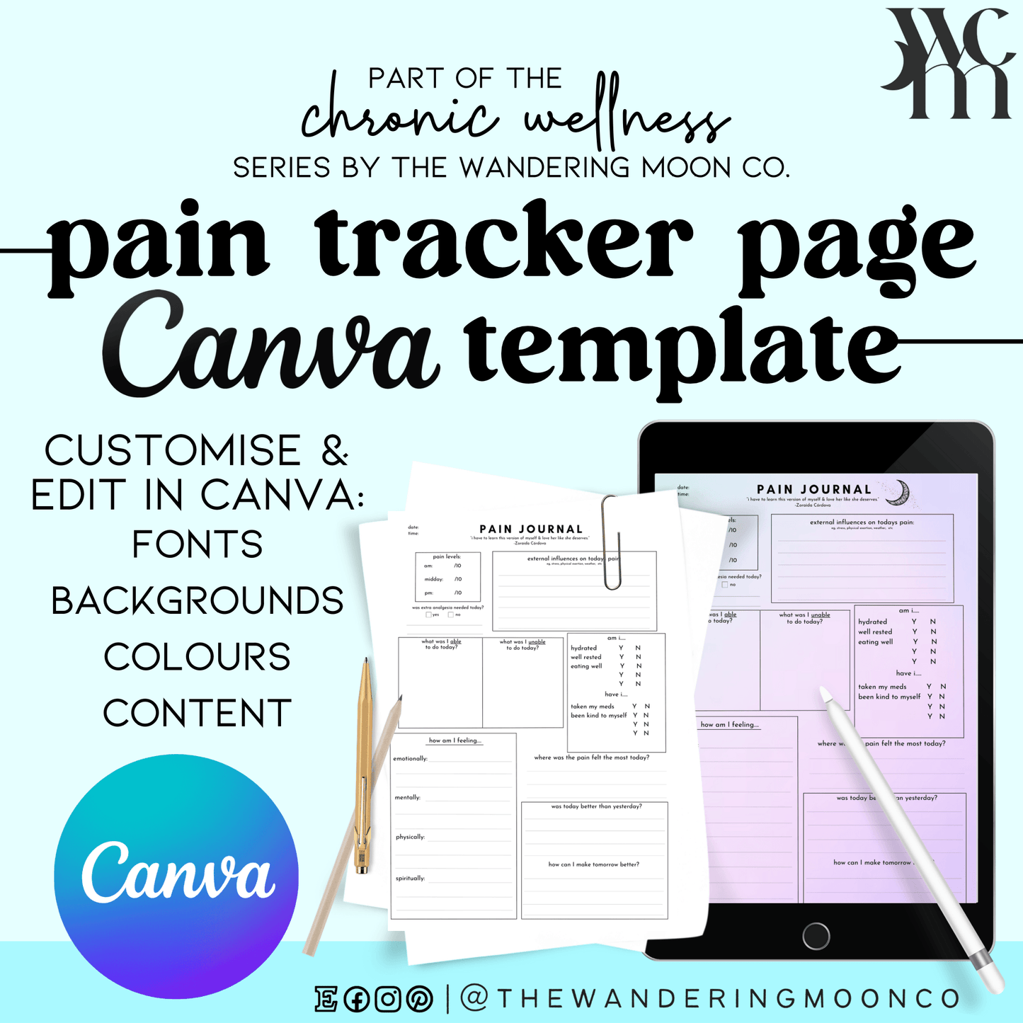 pain tracker journal page canva template | spoonie chronic pain illness | fibro endo - The Wandering Moon Co.