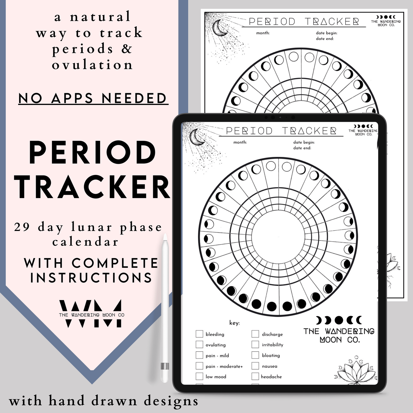 period ovulation tracker chart | mood PMS PMDD | lunar phase calendar | track with the moon - The Wandering Moon Co.