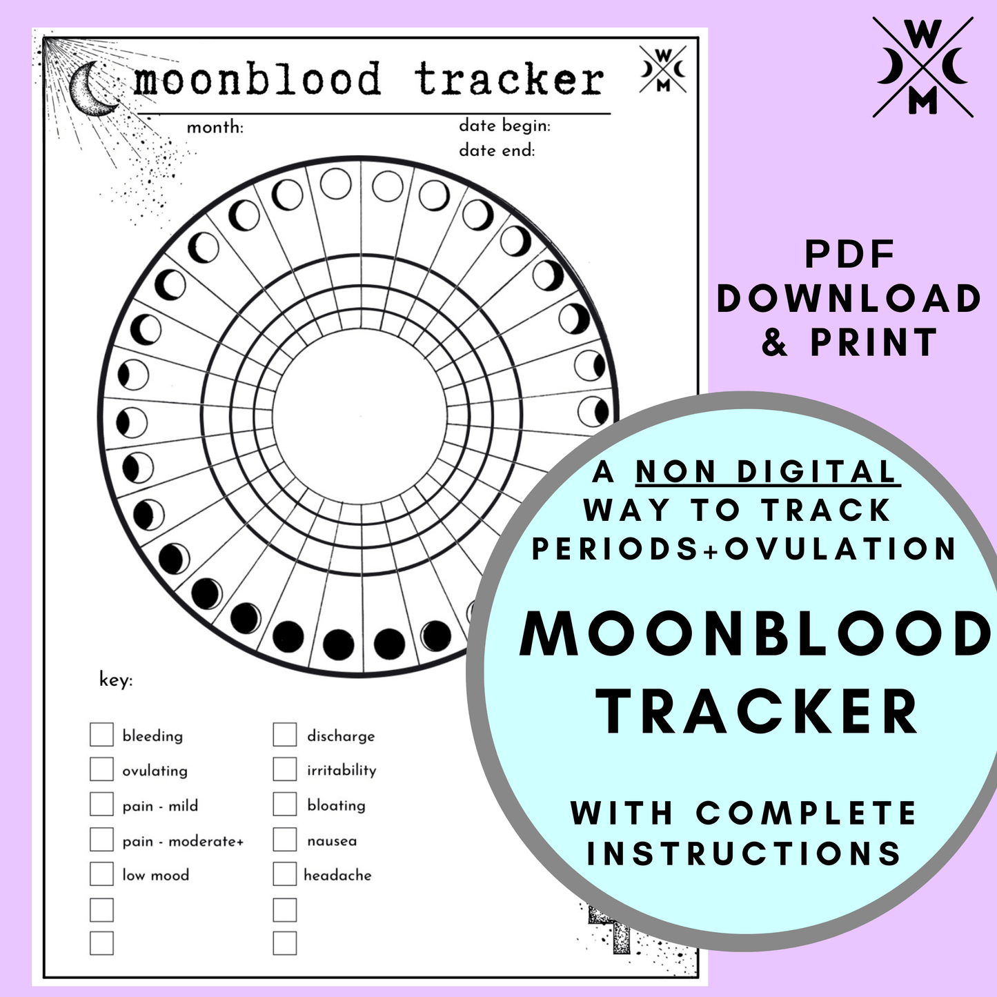 period ovulation tracker chart | mood PMS PMDD | lunar phase calendar | track with the moon - The Wandering Moon Co.