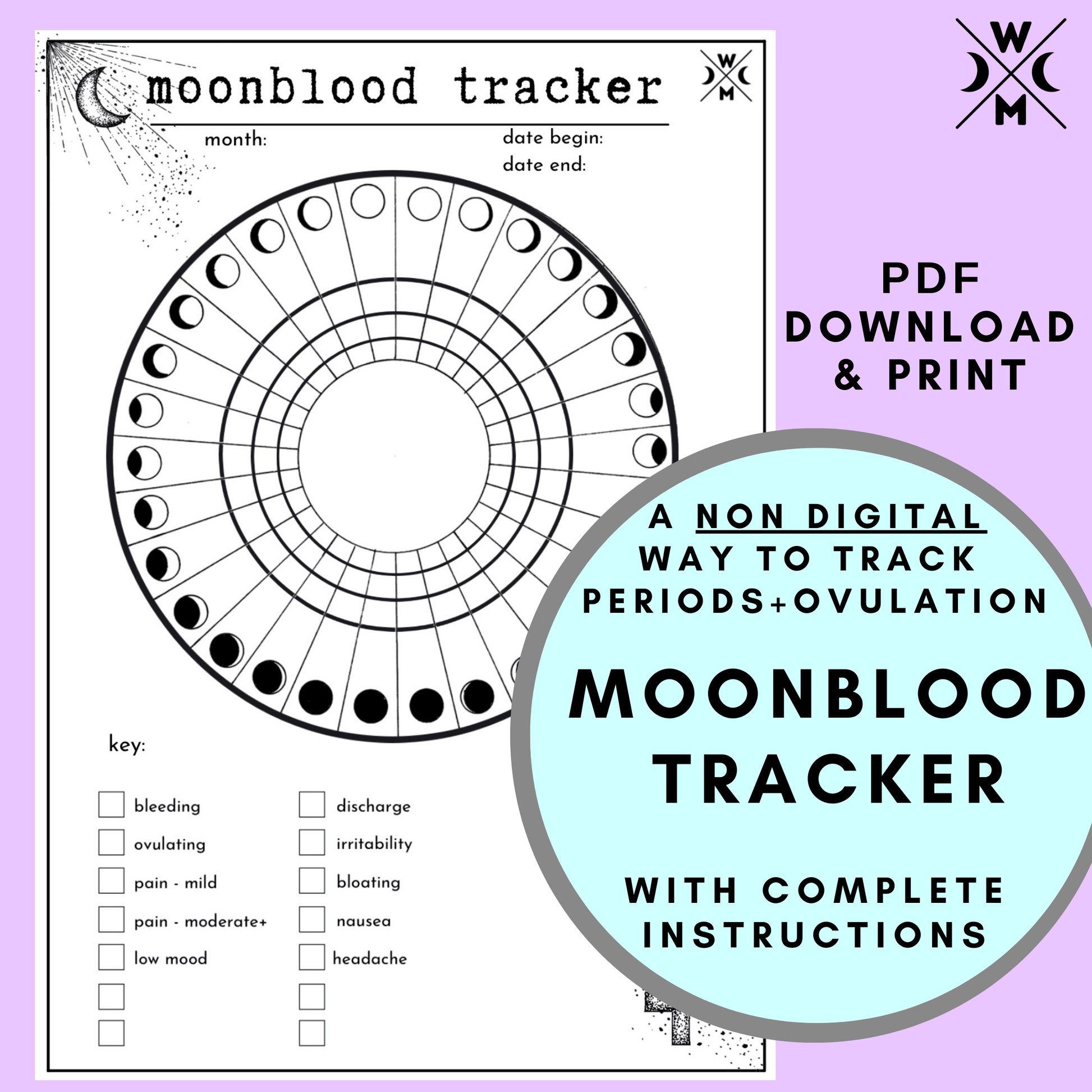 moon phase period & ovulation tracker, lunar 29-day cycle chart