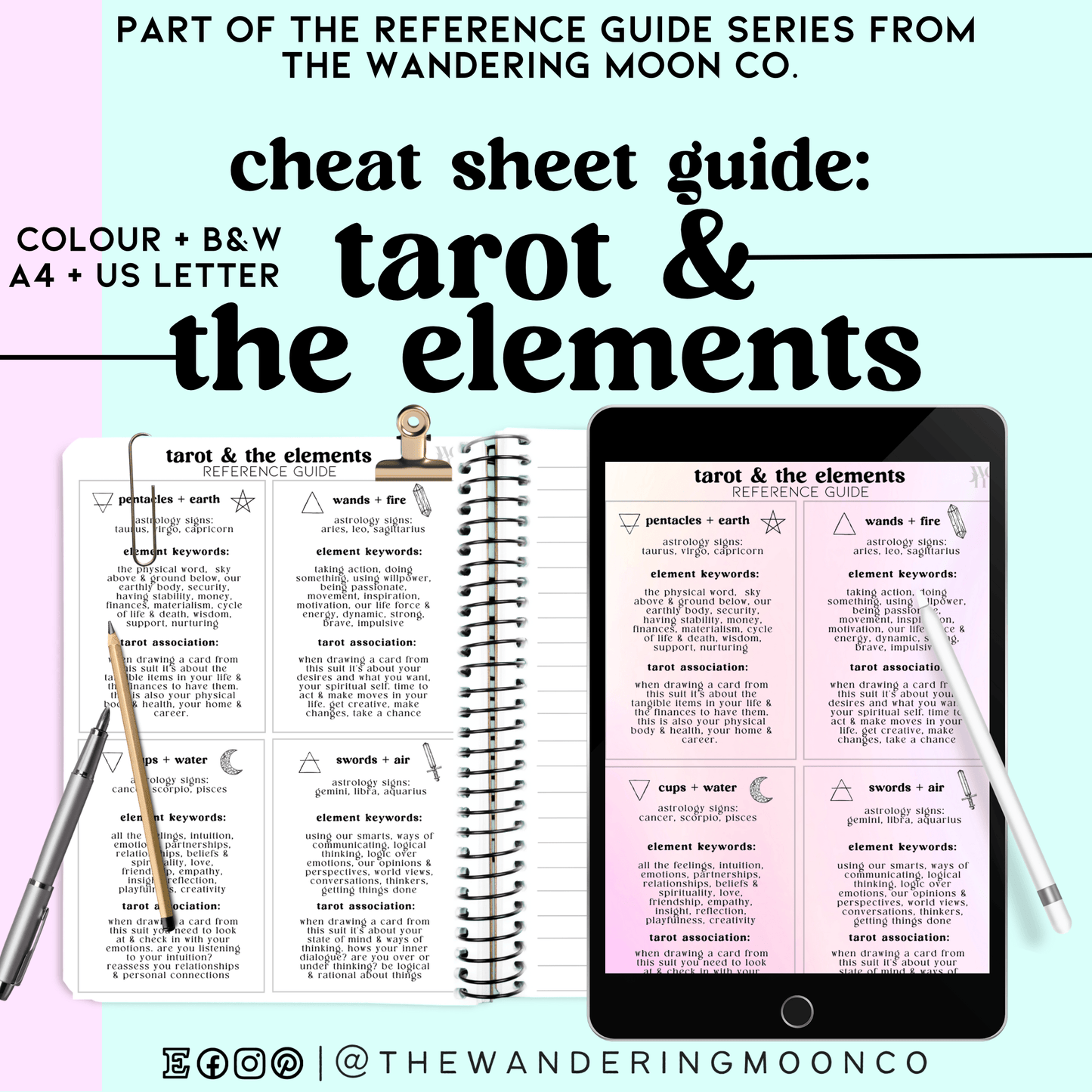 Tarot and the Elements reference chart guide cheat sheet download - The Wandering Moon Co.