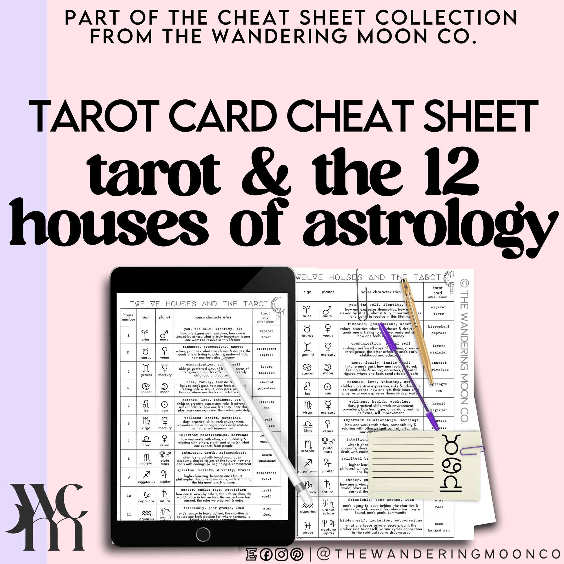 tarot card cheat sheet: tarot & the 12 houses of astrology instant download - The Wandering Moon Co.
