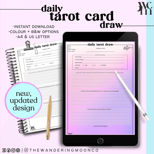 tarot journal page: daily card draw prompts | digital, downloadable, printable, PDF | - The Wandering Moon Co.