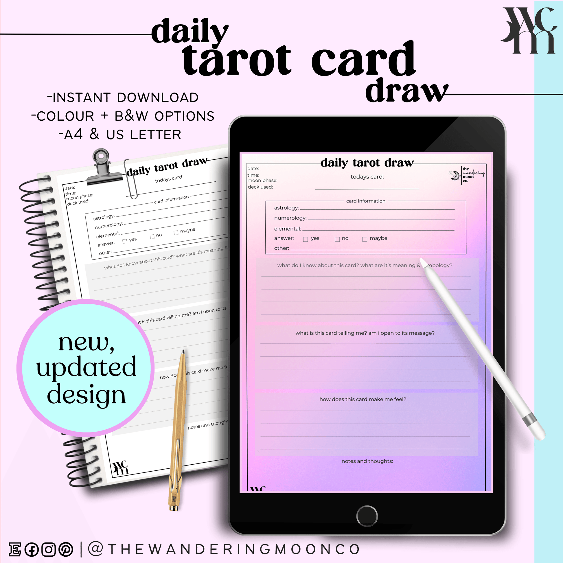tarot journal page: daily card draw prompts, digital download – moon haus  studio