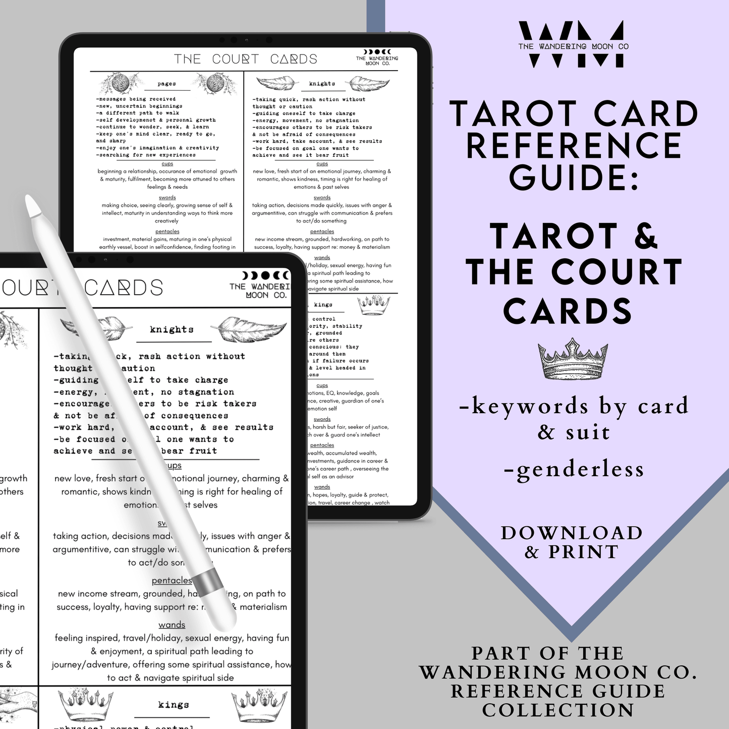 the court cards: a tarot card reference guide, cheat sheet. - The Wandering Moon Co.