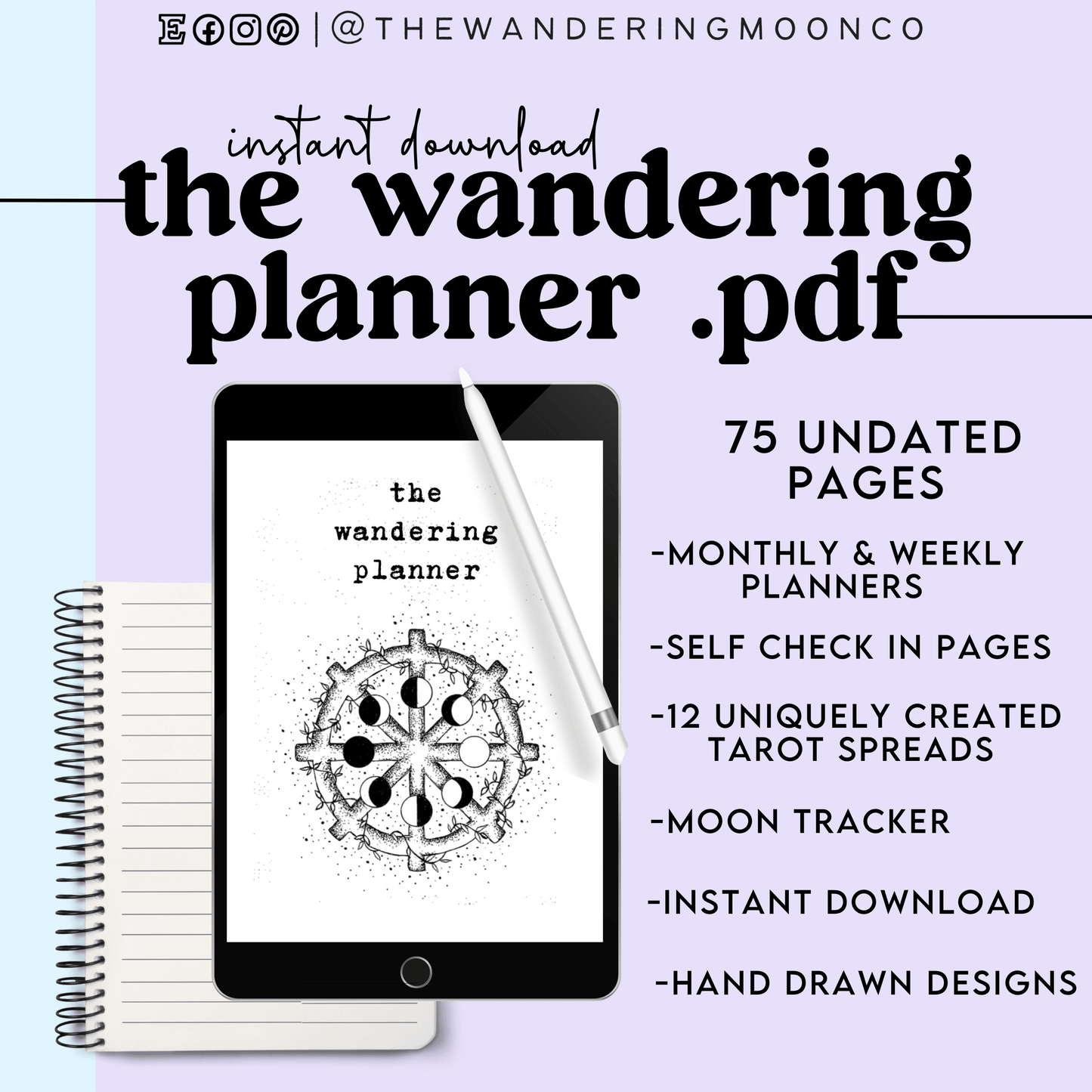 showing the front cover of the wandering planner with tarot card design
