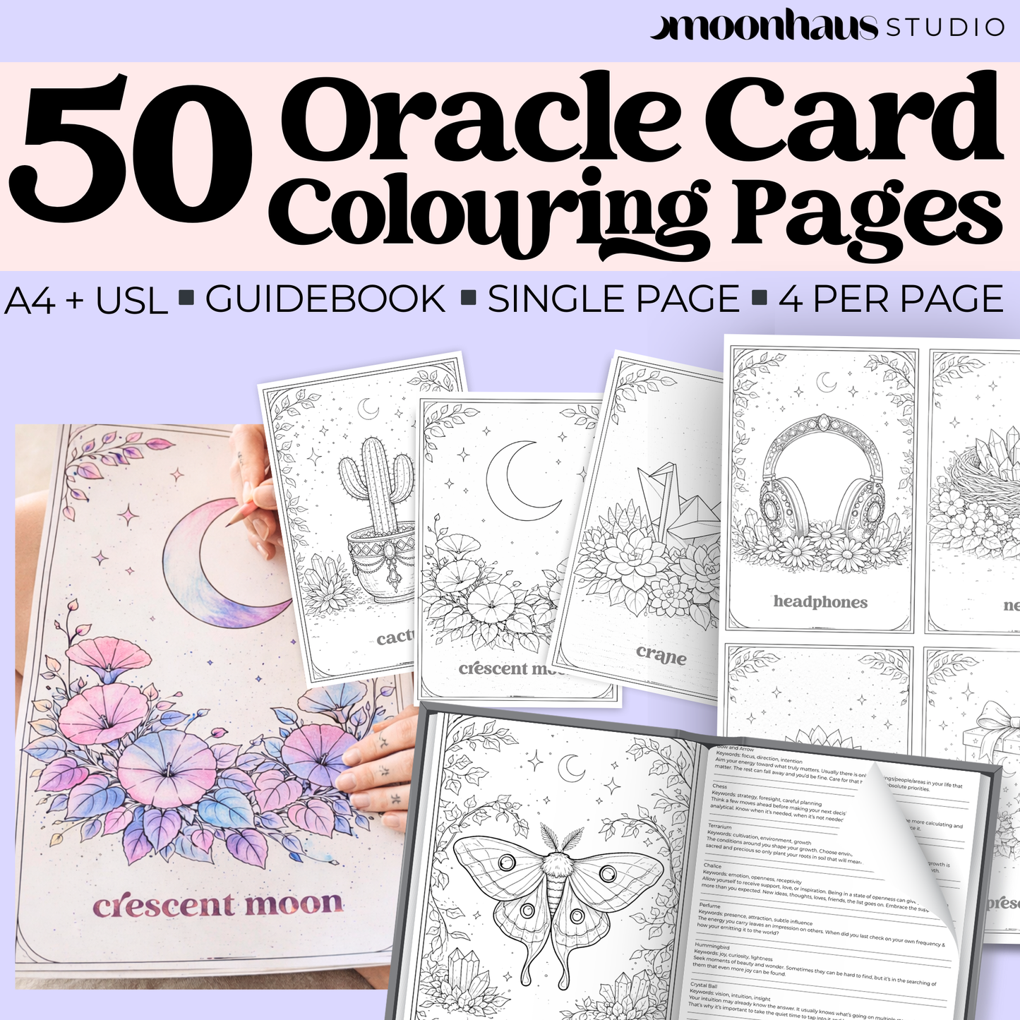 50 Printable Oracle Card Deck of Colouring Pages, Printable & Digital