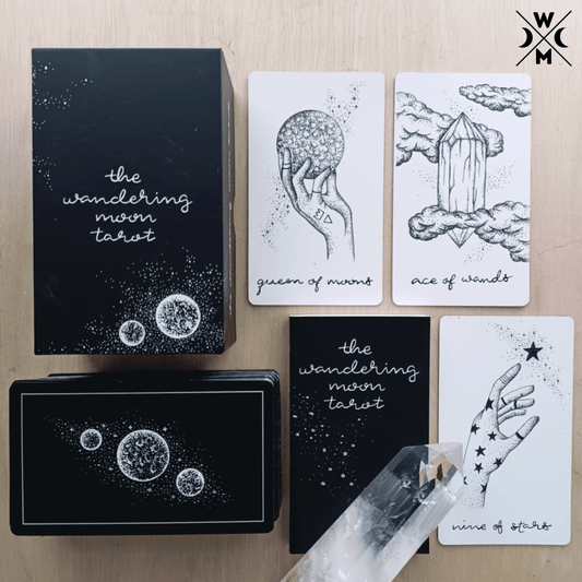 wandering moon tarot deck| holographic, hand illustrated tarot cards | indie tarot deck with guidebook | beginner tarot deck - The Wandering Moon Co.