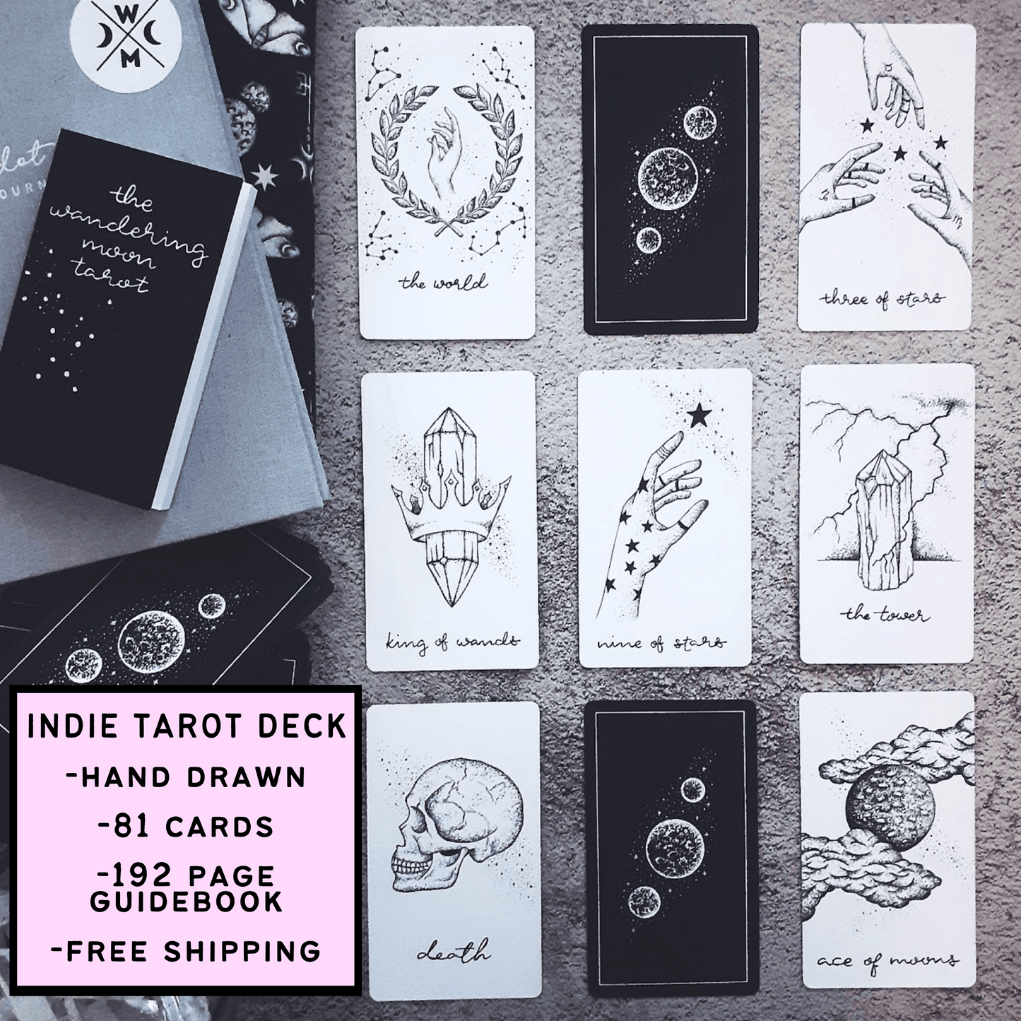 wandering moon tarot deck| holographic, hand illustrated tarot cards | indie tarot deck with guidebook | beginner tarot deck - The Wandering Moon Co.